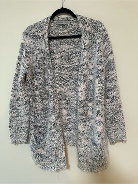 Absolutely Famous Open-Front Fuzzy Cardigan - Gray and White Blend